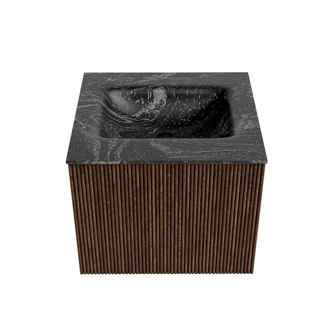 MONDIAZ KURVE-DLUX Meuble de salle de bains 50 cm couleur Walnut avec 1 tiroir. Lavabo GRUNNE central sans trou de robinet couleur Lava. SW1137215