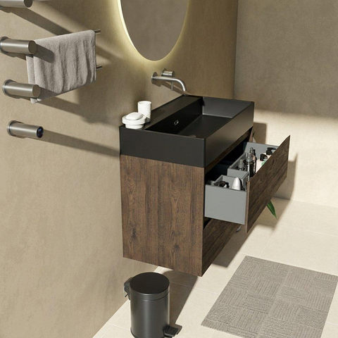 Saniclass Holz Pure Badkamermeubelset - 80x45x72cm - Legend keramische wastafel mat zwart - 1 wasbak - zonder kraangat - 2 lades - mat eiken charcoal (hout) SW1580173