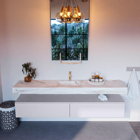 Mondiaz ALAN-DLUX Ensemble de meuble - 200cm - meuble Cale mat - 2 tiroirs - Lavabo Cloud Frappe suspendu - vasque Centre - 1 trou de robinet SW804856