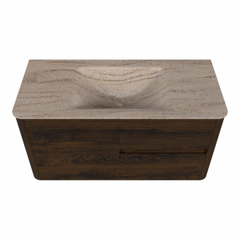 Mondiaz CIRO-DLUX Badkamermeubelset - 100x45x50cm - Solid surface wastafel Saba - 1 wasbak Midden - 1 kraangat - 2 lades - Walnut SW1530722