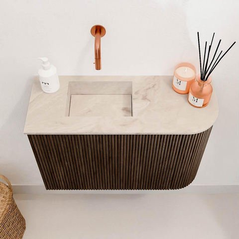 Mondiaz JOYA-DLUX 61.6cm toiletmeubel - ronding rechts kleur Walnut - Wastafel FAYE positie Links Zonder kraangat kleur Frappe. SW1422322