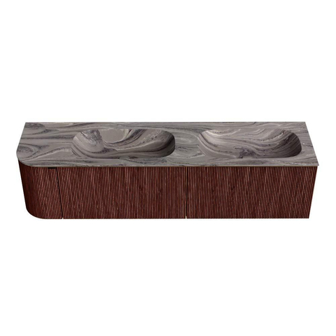 MONDIAZ KURVE-DLUX Meuble de salle de bains 175cm arrondi à gauche couleur Ruby avec 2 tiroirs et 1 porte. Lavabo STOR SMALL Double / Droite 2 trous de robinet Sombra. SW1434009