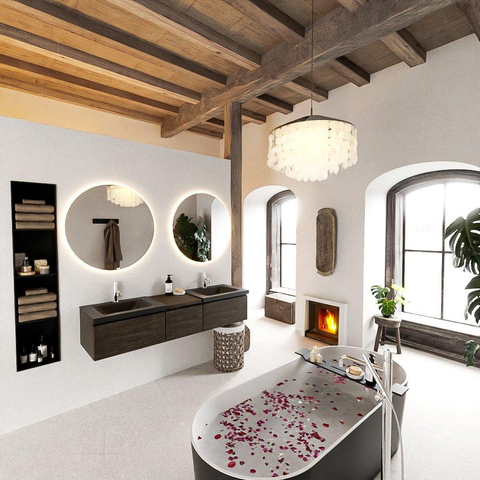 MONDIAZ BUKLA meuble de salle de bain 160 cm avec module 40 couleur Marron Foncé avec 3 tiroirs. Lavabo CLOUD double 2 trous de robinet couleur Urban. SW1382165
