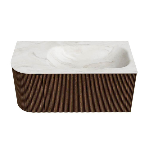 MONDIAZ KURVE-DLUX meuble de salle de bains 95cm avec module 25 L couleur Noyer avec 1 tiroir et 1 porte. Lavabo BIG SMALL à droite sans trou de robinet couleur Ostra. SW1137812