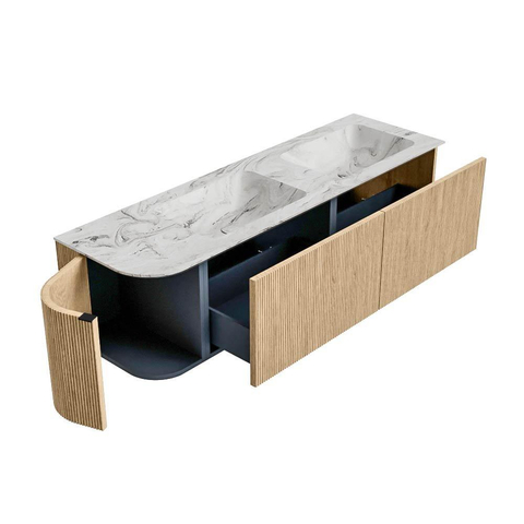 MONDIAZ KURVE-DLUX meuble de salle de bains 155 cm avec module 25 L couleur Oak avec 2 tiroirs et 1 porte. Lavabo LEAF double / droite 2 trous de robinet couleur Glace. SW1137958