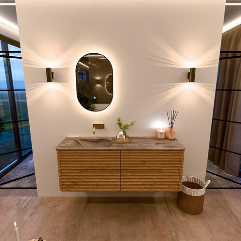 Mondiaz CIRO-DLUX Meuble de salle de bains - 140x45x50cm - vasque solid surface Sombra - 1 lavabo à gauche - sans trous de robinetterie - 4 tiroirs - Chêne SW1531259
