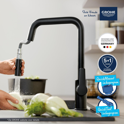 Grohe Start QuickFix Keukenkraan - met uittrekbare handdouche - met dual spray - voorsprong 22.1cm - matte black (mat zwart) SW1028176