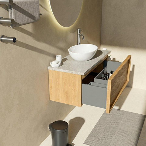 Saniclass Holz Frame Badkamermeubelset - 100x45x43cm - Travertine natuurstenen topblad - 1 kraangat - 1 lade - mat eiken natural (hout) SW1478864