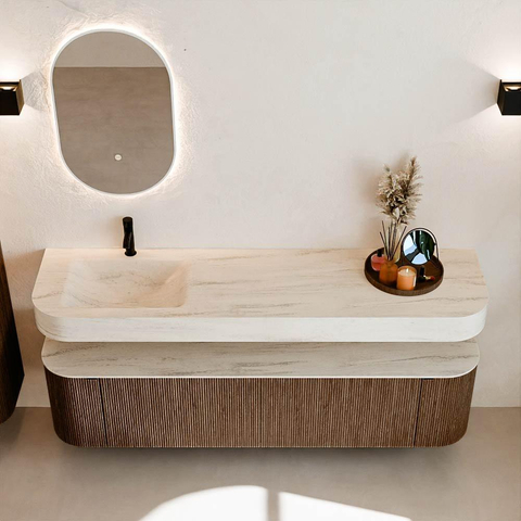 MONDIAZ THOR-DLUX 180cm meuble de salle de bains arrondi gauche + droite couleur Walnut avec 2 tiroirs et 2 portes. Vasque suspendue CLOUD Gauche 1 trou de robinet couleur Meli. SW1466163