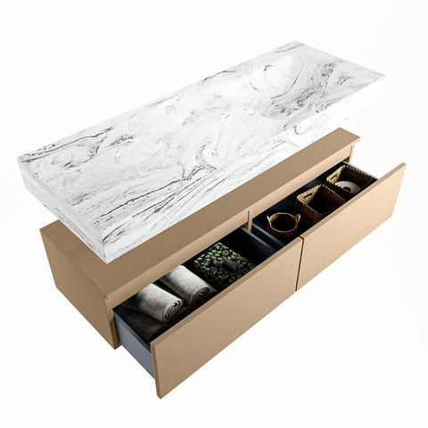 Mondiaz ALAN-DLUX Ensemble de meuble - 130cm - meuble Oro mat - 2 tiroirs - Lavabo Cloud Glace suspendu - vasque Droite - 1 trou de robinet SW806228