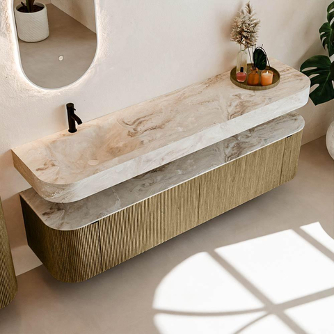 MONDIAZ THOR-DLUX Meuble de salle de bains 190cm arrondi gauche + droite couleur Dusk avec 2 tiroirs et 2 portes. Vasque suspendue CLOUD Gauche 1 trou de robinet couleur Frappe. SW1466451