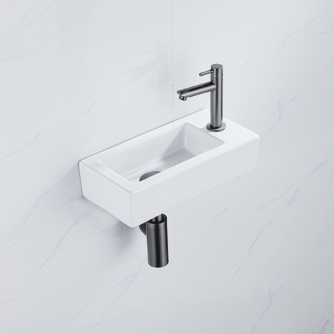 QeramiQ Fuente fonteinset – 37.5x18.5x9 cm – keramiek wit glans – kraangat rechts – kraan geborsteld gunmetal SW1232761