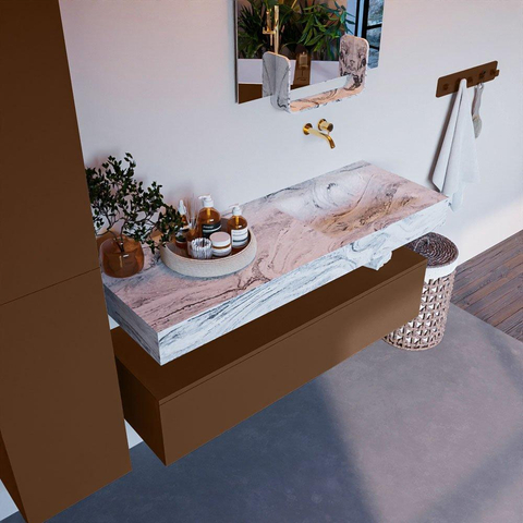 Mondiaz ALAN-DLUX Ensemble de meuble - 130cm - meuble Rust mat - 1 tiroir - Lavabo Cloud Glace suspendu - vasque Droite - 0 trous de robinet SW806086