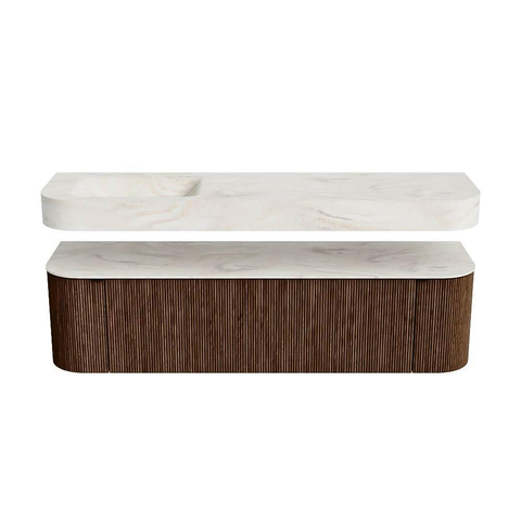 MONDIAZ THOR-DLUX 170cm badmeubel ronding links + rechts kleur Walnut met 1 lade en 2 deuren. Vrijhangende wastafel CLOUD Links zonder kraangat kleur Ostra. SW1465597