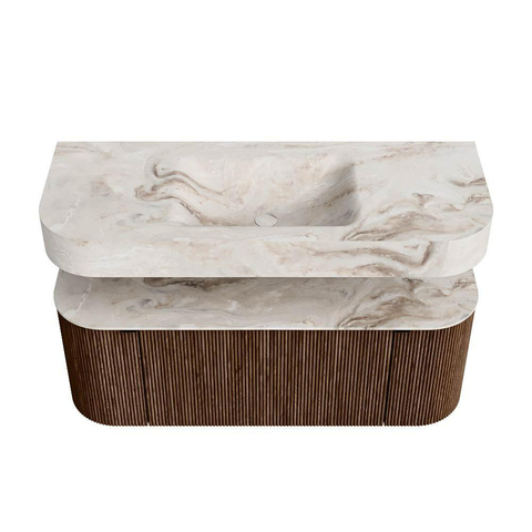 MONDIAZ THOR-DLUX 120cm badmeubel ronding links + rechts kleur Walnut met 1 lade en 2 deuren. Vrijhangende wastafel CLOUD Midden 1 kraangat kleur Frappe. SW1463249