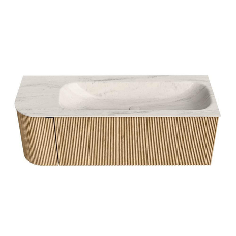 MONDIAZ KURVE-DLUX Meuble de salle de bains 125cm arrondi à gauche couleur Oak avec 1 tiroir et 1 porte. Lavabo BIG MEDIUM à droite 1 trou de robinet Meli. SW1431615