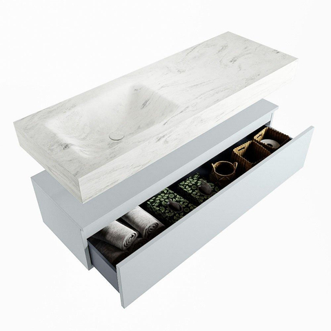 Mondiaz ALAN-DLUX Ensemble de meuble - 130cm - meuble Clay mat - 1 tiroir - Lavabo Cloud Opalo suspendu - vasque Gauche - 0 trous de robinet SW807098