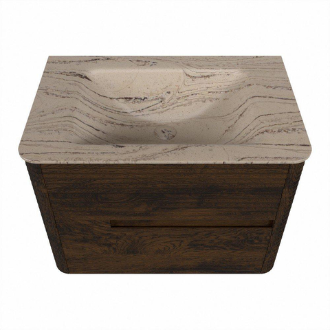 Mondiaz CIRO-DLUX Badkamermeubelset - 70x45x50cm - Solid surface wastafel Arena - 1 wasbak Midden - 1 kraangat - 2 lades - Walnut SW1530390