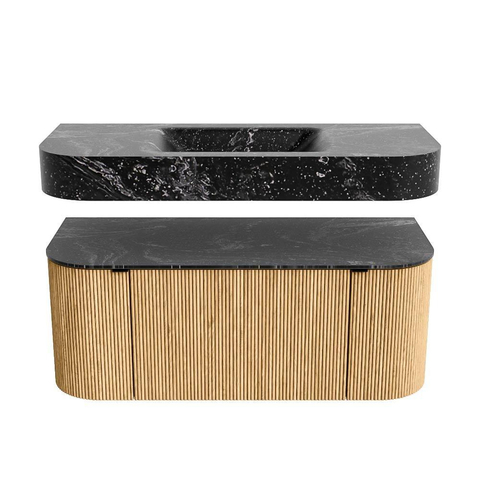 MONDIAZ THOR-DLUX 110cm meuble de salle de bains arrondi gauche + droite couleur Oak avec 1 tiroir et 2 portes. Vasque suspendue CLOUD Milieu sans trou de robinet couleur Lava. SW1462743