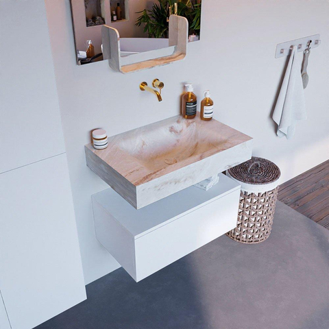 Mondiaz ALAN-DLUX Ensemble de meuble - 70cm - meuble Talc mat - 1 tiroir - Lavabo Cloud Frappe suspendu - vasque Centre - 0 trous de robinet SW804770