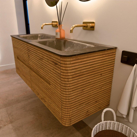 Mondiaz CIRO-DLUX Badkamermeubelset - 130x45x50cm - Solid surface wastafel Lava - 2 wasbak Dubbel - zonder kraangaten - 4 lades - Oak SW1531106