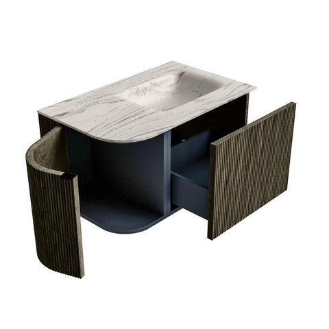 MONDIAZ KURVE-DLUX 75cm badmeubel ronding Links kleur Shadow met 1 lade en 1 deur. Wastafel GRUNNE Rechts 1 kraangat Nata. SW1432275