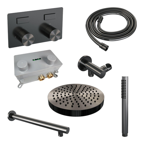 BRAUER Stripe Thermostatische Inbouw Regendouche - drukknoppen - SET 25 - 25cm douchekop - rechte muurarm - staaf handdouche - doucheslang - wandaansluitbocht - gunmetal geborsteld PVD SW1435006