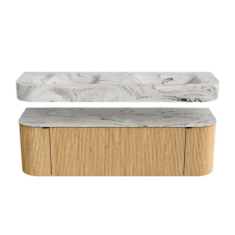 MONDIAZ THOR-DLUX 150cm badmeubel ronding links + rechts kleur Oak met 1 lade en 2 deuren. Vrijhangende wastafel CLOUD Dubbel zonder kraangat kleur Glace. SW1464653