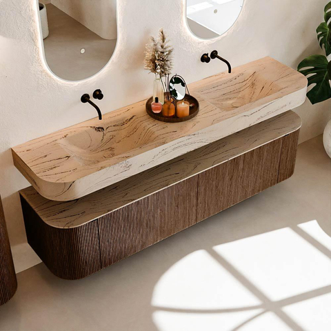 MONDIAZ THOR-DLUX 190cm meuble de salle de bains arrondi gauche + droite couleur Walnut avec 2 tiroirs et 2 portes. Vasque suspendue CLOUD Double sans trou de robinet couleur Arena. SW1466584