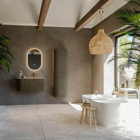 MONDIAZ KURVE-DLUX meuble de salle de bains 85cm arrondi à gauche couleur Shadow avec 1 tiroir et 1 porte. Lavabo CLOUD à droite 1 trou de robinetterie Saba. SW1433409
