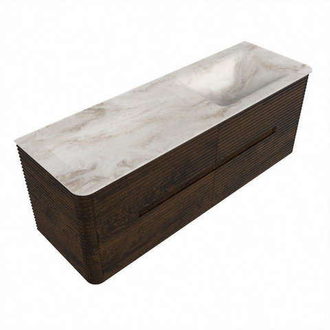 Mondiaz CIRO-DLUX Badkamermeubelset - 140x45x50cm - Solid surface wastafel Frappe - 1 wasbak Rechts - zonder kraangaten - 4 lades - Walnut SW1530357