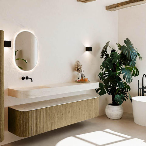 MONDIAZ THOR-DLUX Meuble de salle de bains - 190cm - arrondi gauche + droite - couleur Dusk - 2 tiroirs et 2 portes - Vasque suspendue CLOUD Gauche sans trou de robinet - couleur Meli SW1466722
