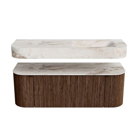 MONDIAZ THOR-DLUX 130cm meuble de salle de bains arrondi gauche + droite couleur Walnut avec 1 tiroir et 2 portes. Vasque suspendue CLOUD Droite sans trou de robinet couleur Frappe. SW1463573