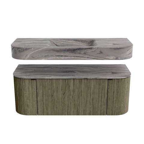 MONDIAZ THOR-DLUX 120cm meuble de salle de bains arrondi gauche + droite couleur Shadow avec 1 tiroir et 2 portes. Vasque suspendue CLOUD Milieu 1 trou de robinet couleur Sombra. SW1463656