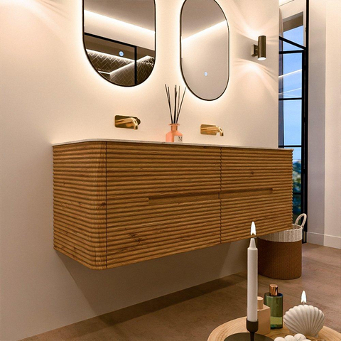Mondiaz CIRO-DLUX Ensemble de meuble de salle de bains - 140x45x50cm - Plan-vasque solid surface Ostra - 2 vasques double - sans trous de robinet - 4 tiroirs - Chêne SW1530937