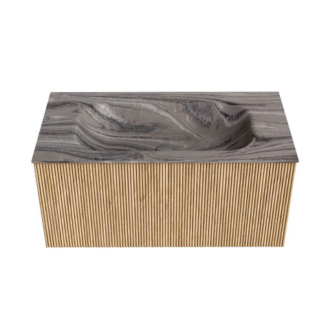 MONDIAZ KURVE-DLUX 90cm badmeubel kleur Oak met 1 lade en 0 deuren. Wastafel BIG SMALL Midden 1 kraangat Sombra. SW1433556