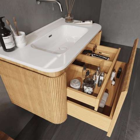 Royal Plaza Terra Edge Ensemble meuble de salle de bains - 80x45.5x46cm - vasque en céramique blanc brillant - 1 vasque - sans trous de robinet - 2 tiroirs - sandwood (chêne clair) SW1471928