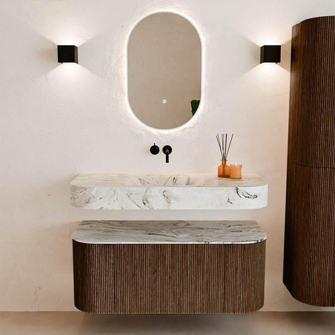 MONDIAZ THOR-DLUX 110cm badmeubel ronding links + rechts kleur Walnut met 1 lade en 2 deuren. Vrijhangende wastafel CLOUD Midden zonder kraangat kleur Glace. SW1462783