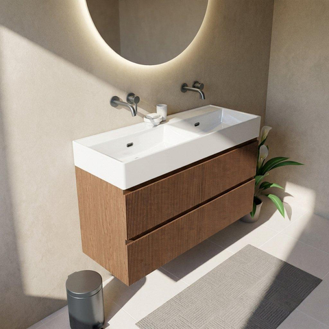 Saniclass Holz Atelier Ensemble meuble de salle de bains - 120x45x72cm - lavabo Legend en céramique blanc - 2 vasques - sans trous de robinetterie - 2 tiroirs - mat walnut pure (bois) SW1478508