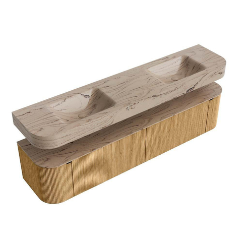 MONDIAZ THOR-DLUX 200cm meuble de salle de bains arrondi gauche + droite couleur Chêne avec 2 tiroirs et 2 portes. Vasque suspendue CLOUD Double sans trou de robinet couleur Arena. SW1467065