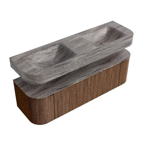 MONDIAZ THOR-DLUX 150cm badmeubel ronding links + rechts kleur Walnut met 1 lade en 2 deuren. Vrijhangende wastafel CLOUD Dubbel zonder kraangat kleur Oza. SW1464850
