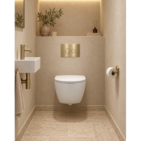 QeramiQ Dely Swirl Compact Toiletset - inbouwreservoir QeramiQ flush - slim zitting - metalen bedieningsplaat messing geborsteld (goud) - ronde knoppen - glans wit SW1590504