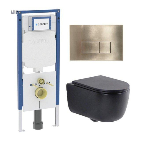 QeramiQ Dely Swirl Toiletset - 36.3x51.7cm - Geberit UP720 Duofix Sigma inbouwreservoir - slim zitting - bedieningsplaat geborsteld messing - rechthoekige knoppen - mat zwart SW1416859
