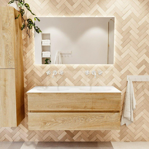 MONDIAZ VICA meuble sous lavabo 120cm Chêne blanchi 2 tiroirs. Lavabo MOON double sans trou de robinet, couleur Talc. SW1381939