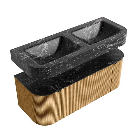 MONDIAZ THOR-DLUX 120cm meuble de salle de bains arrondi gauche + droite couleur Oak avec 1 tiroir et 2 portes. Vasque suspendue CLOUD Double 2 trous de robinet couleur Lava. SW1463088