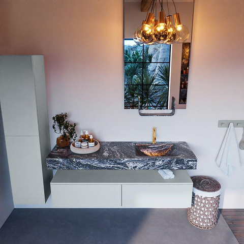Mondiaz ALAN-DLUX Ensemble de meuble - 150cm - meuble Clay mat - 2 tiroirs - Lavabo Cloud Lava suspendu - vasque Droite - 1 trou de robinet SW808522