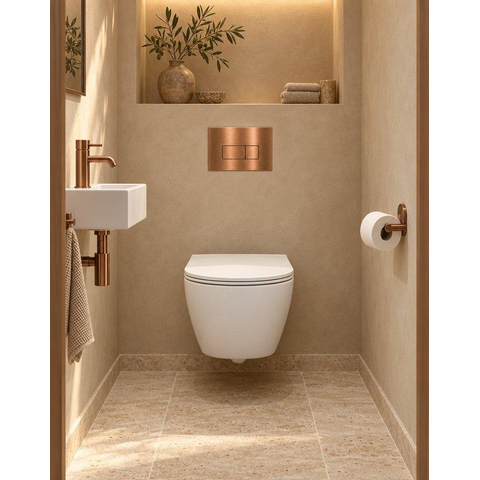 QeramiQ Dely Swirl Compact Toiletset - inbouwreservoir QeramiQ flush - slim zitting - metalen bedieningsplaat koper - rechthoekige knoppen - glans wit SW1590498