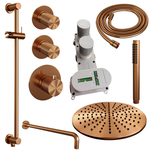 Ensemble de douche pluie encastré Brauer Copper Carving - douche principale 30 cm - bras mural - glissière - avec partie encastrable - boutons Carving - douchette à main Barre 1 fonction - PVD - cuivre brossé SW715760