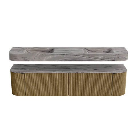 MONDIAZ THOR-DLUX 190cm meuble de salle de bains arrondi gauche + droite couleur Dusk avec 2 tiroirs et 2 portes. Vasque suspendue CLOUD Double sans trou de robinet couleur Sombra. SW1466698