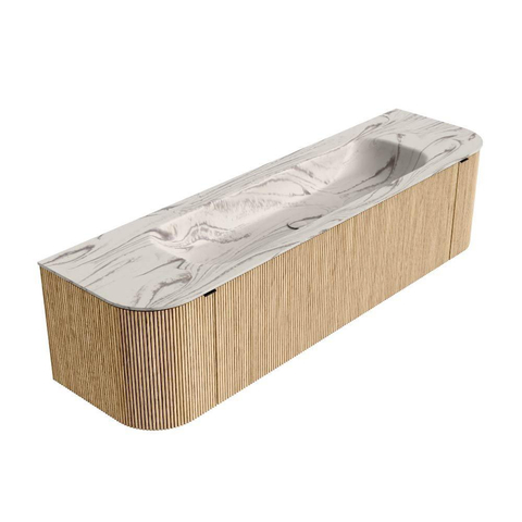 MONDIAZ KURVE-DLUX Meuble de salle de bains 170cm arrondi Gauche + Droite couleur Chêne avec 1 tiroir et 2 portes. Lavabo BIG LARGE Central 2 trous de robinet Nata. SW1434029